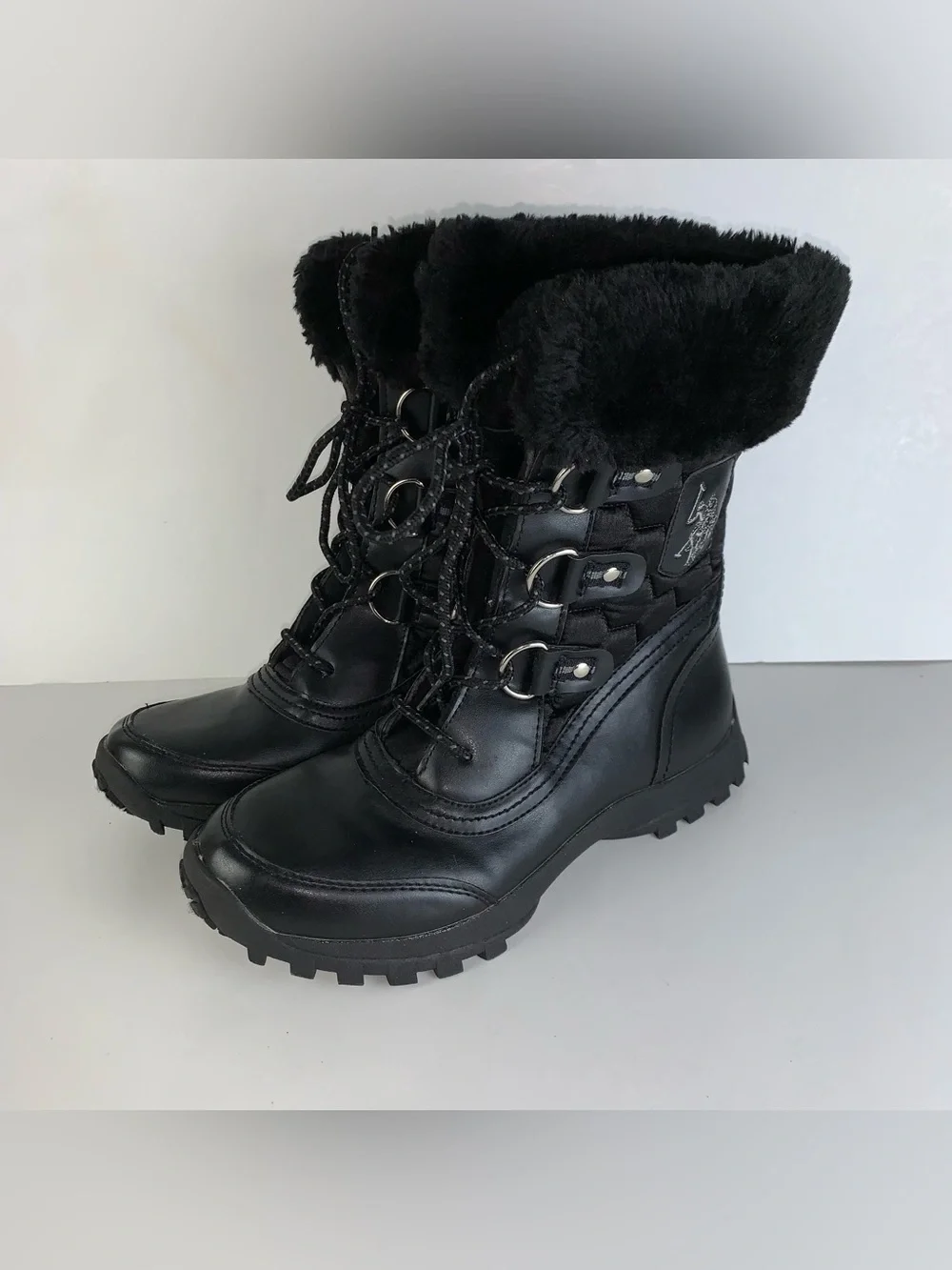 Women's U.S. Polo Assn. Lace Up Boots with Faux Fur Trim - Size 7.5M black